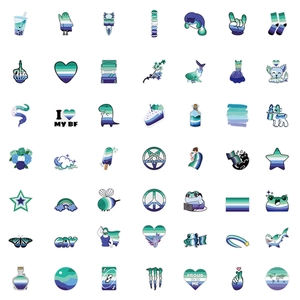 Detailed grid layout of 50 blue and green watercolor LGBTQ stickers for DIY decor