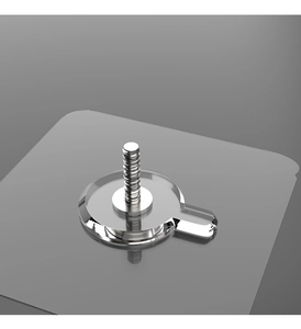 Detail of transparent self-adhesive base with a sturdy metal screw for wall mounting
