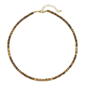 Tiger eye stone beaded necklace with vintage brown hues and gold metal spacer accents