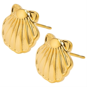 Detailed macro shot of golden seashell stud earrings featuring a textured ribbed surface