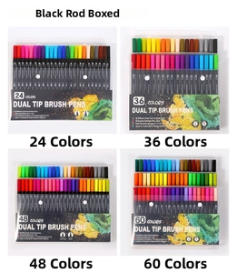 Dual tip brush pen sets in 24, 36, 48, and 60 colors with clear plastic cases