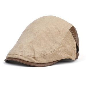 Retro Schiebermütze in Khaki mit dunkelbraunem Lederschirm und verstellbarer Schnalle