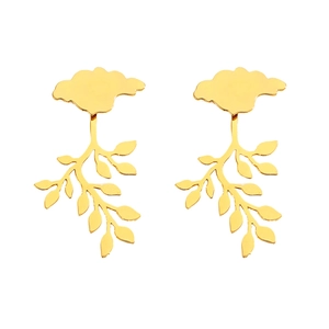 Minimalist gold leaf branch drop earrings with polished finish on white background