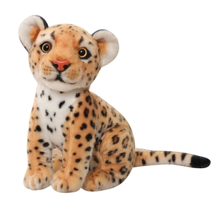 Realistic sitting snow leopard plush toy with yellow spotted fur and big brown eyes