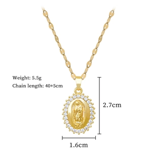 Close-up of golden oval portrait necklace with dimensions and weight specifications