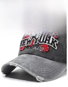 Detail of vintage washed denim baseball cap with New York 1946 3D embroidery and distressed brim
