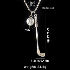 Silver golf club and ball pendant necklace with long stainless steel chain and measurements