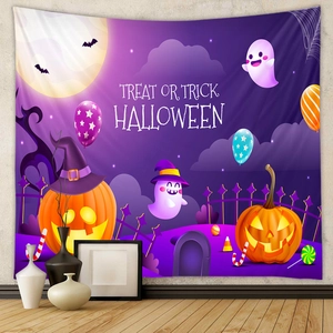 Detail of Halloween tapestry with pumpkins, ghosts and Treat or Trick text on a white wall