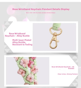 Detail of pink hand-woven rose keychain with thick gold-plated lobster clasp