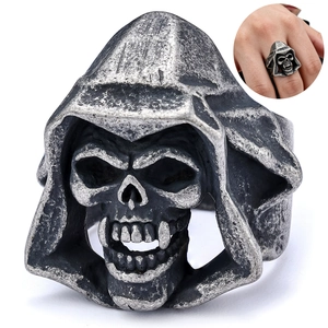 Gothic Hooded Skull Ring Stainless Steel Distressed Retro Biker Punk Hip Hop Finger Ring For Men Women