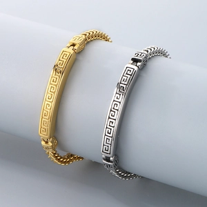 Vintage stainless steel dragon bone chain bracelets with Greek Key pattern in gold and silver