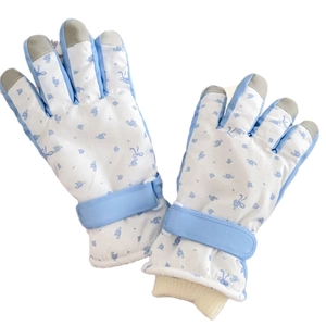 Floral ski gloves with blue rose pattern, touchscreen fingertips and thermal fleece lining