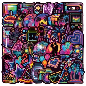 Vibrant neon graffiti stickers collection featuring 80s and 90s pop culture icons