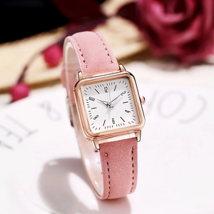 Elegant women's square quartz watch with rose gold case and pink suede leather strap