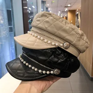 Newsboy Cap Quilted PU Leather With Artificial Pearl Metal Chain Elegant Baker Boy Hat Vintage Flat Top For Women