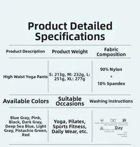 Tableau des tailles avec composition et poids des leggings de yoga sans couture taille haute