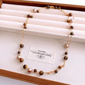 French vintage tiger eye and pearl beaded long necklace with gold chain layered design
