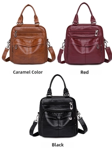 Three-pack view showing caramel, red, and black textured leather multi-pocket backpacks