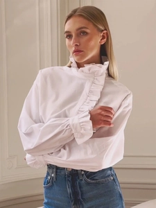White ruffle stand collar long sleeve shirt with elegant pleats and ruffled cuffs