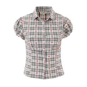 Women's plaid puff sleeve shirt with waist tie design in black and white checkers