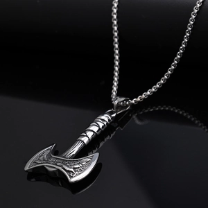 Viking double-headed battle axe pendant necklace with intricate Norse eagle engravings