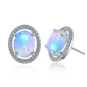 Elegant silver oval opal stud earrings with zircon halo on white background