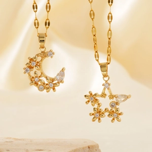 Elegant Copper Rhinestone Moon Star Pendant Necklace For Women High Sense Delicate Crescent Five Pointed Star Flower Design Commute Fashion Jewelry