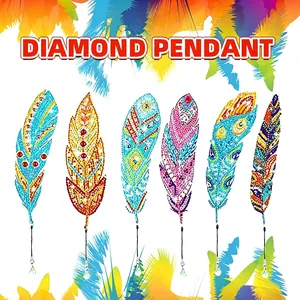 DIY diamond painting feather pendant kit with colorful bohemian hanging crystals