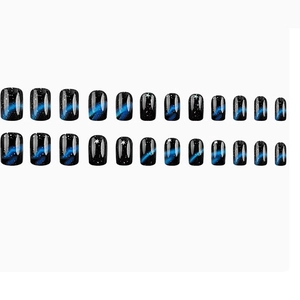 24-piece black starry sky press-on nails with blue aurora texture and round shape design