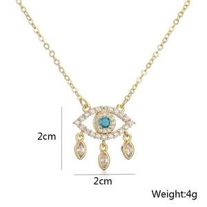 Detail of 18K gold plated evil eye pendant with blue stone and size dimensions 2x2cm