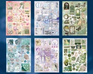 Detailed view of 6-color aesthetic PET stickers with floral and butterfly motifs for scrapbooking