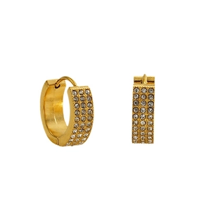 Golden huggie hoop earrings with three rows of sparkling micro-pave white crystals
