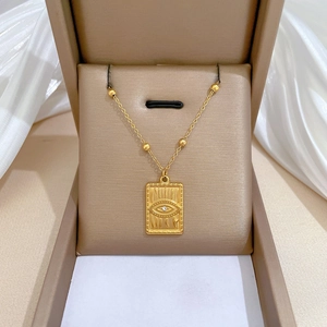 Evil Eye Pendant Necklace Stainless Steel 18K Gold Plated Rectangular Rhinestone Beaded Station Chain For Women