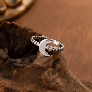 French vintage adjustable moon ring in silver finish with polished surface and beaded band