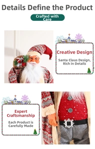 Close-up of Santa Claus figurine showing red knit robe, fur trim, and gift bag details