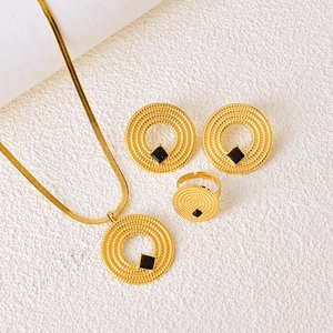 Fashion Stainless Steel Round Square Rhinestone Necklace Earrings And Ring Set Gold Plated Snake Chain Jewelry For Women