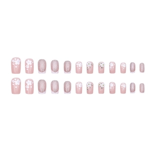 Set unghie finte French blush glitterate con fiori 3D, perline e brillantini argento