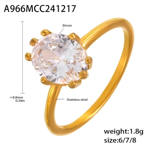 Detail view of oval zircon ring with 8.8mm stone size and stainless steel specs