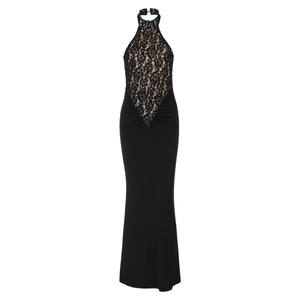Elegant black lace halter backless evening dress with slim fit mermaid silhouette