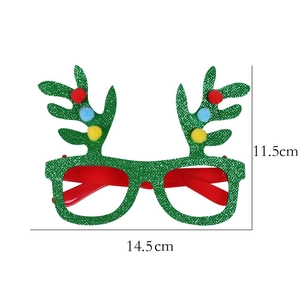 Green glitter Christmas reindeer glasses with colorful pom-poms measuring 14.5cm by 11.5cm