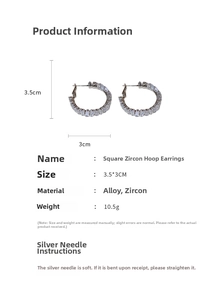 Detail showing square zircon hoop earrings size 3.5x3cm and 10.5g weight info