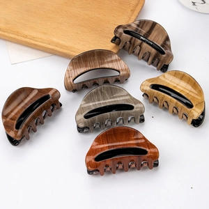 Set of 6 wood grain texture semi-circle plastic hair claw clips for women