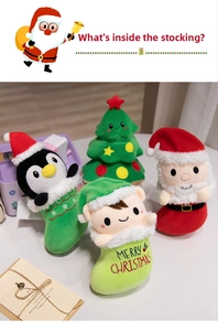 Plush Christmas dolls featuring Santa, Penguin, and Tree inside festive holiday stockings