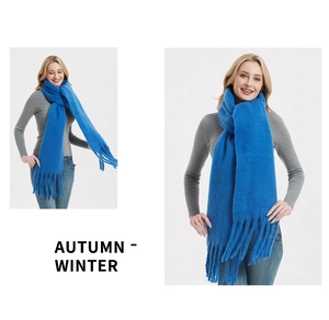 Detailed views of a thick blue mohair scarf with tassels for autumn and winter seasons