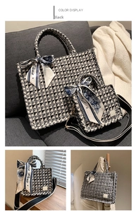 Close-up of houndstooth tote bags with decorative scarves and textured fabric detail