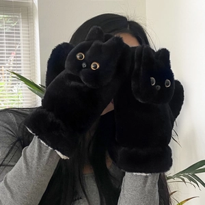 Winter black cat plush mittens with thick windproof faux fur and cute cat ear design