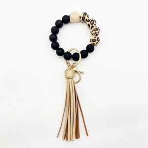 Silicone bead keychain bracelet with leopard print wood beads and tassel accessory