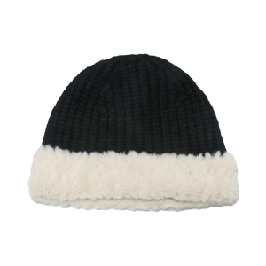 Winter plush patchwork knit bucket hat in black and white thick warm design