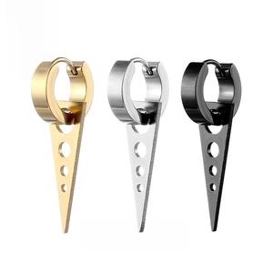 Macro view of geometric stainless steel earrings in gold, silver and black finishes