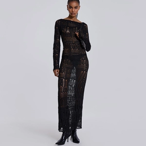 Close-up of the black knitted long sleeve dress featuring hollow-out distressed patterns